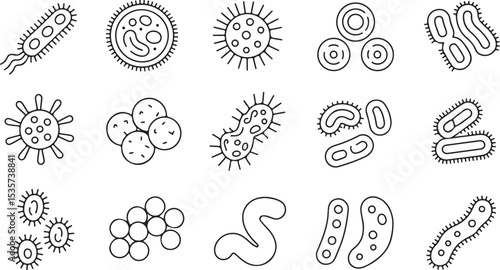 bacteria and virus microorganism germs set isolated on white background detailed line drawing vector illustration