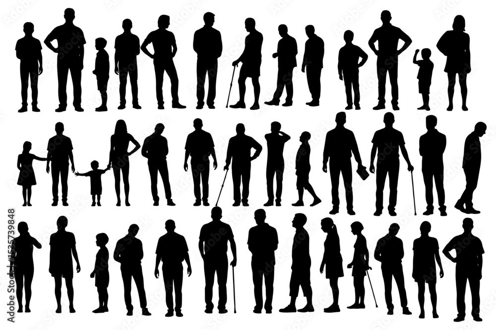 Large Collection of Diverse Adult and Child Silhouettes.A-black-and-white-silhouette-illustration-of-a-diverse-group-of-standing-figures-arranged. Large Collection of Diverse Adult and Child Silhouettes.A-black-and-white-silhouette-illustration-of-a-diverse-group-of-standing-figures-arranged.