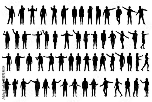 Large Collection of Diverse People Silhouettes in Various Poses. A set of 50 black silhouettes of people arranged in two rows against a white background.