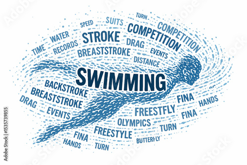 Swirling swimming word cloud illustration featuring key swimming terms like stroke, freestyle, competition, and olympics in a dynamic design, swimming word cloud