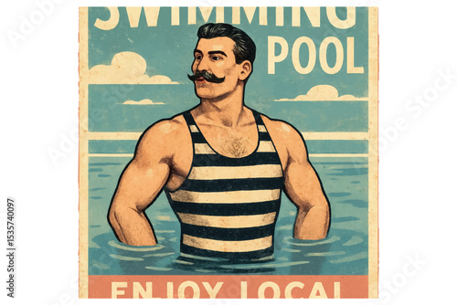 Vintage illustration of a muscular swimmer in a striped swimsuit, proudly posing in the pool with retro typography, promoting a local swimming pool, swimming pool poster