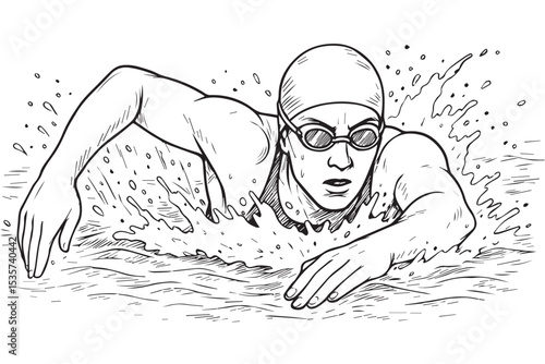 an athletic swimmer in the freestyle stroke, creating dynamic water splashes, representing motion and sport