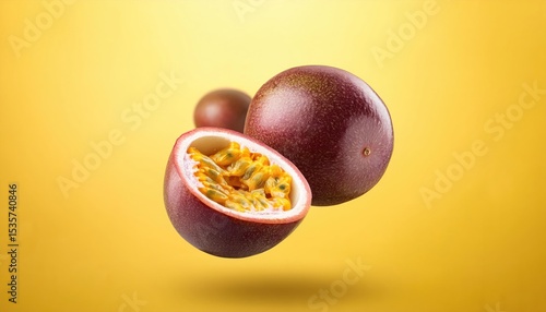 Fresh Ripe Raw Passion Fruit Falling in the Air: Creative Concept