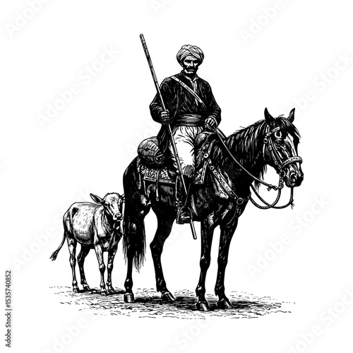 Historical South Asian Man on Horseback Engraving Illustration