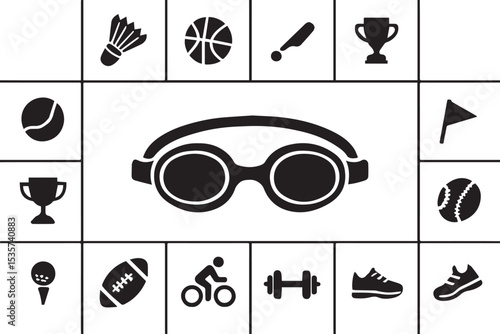 Abstract chaotic grid of sports and fitness icons including swimming goggles, basketball, cycling, and more, perfect for athletic and sports themed designs, chaotic sports icons grid