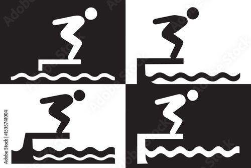 Dynamic diver icon illustrations showing different dive positions from the platform, representing water sports and athleticism, swimming lanes icon set
