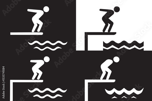 Set of black and white diver icons illustrating the perfect dive from the platform, ideal for sports, water activities, and pool related designs, swimming lanes icon set