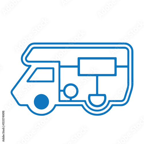 Blue Vector Icon sticker of the motorhome Vector monochrome illustration of a camper van icon isolated on white background
