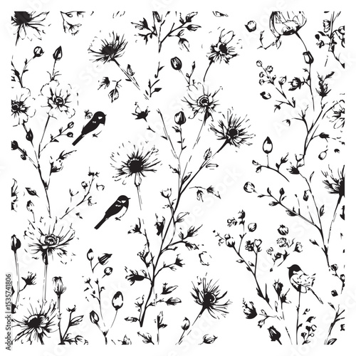 Black and white floral pattern with birds