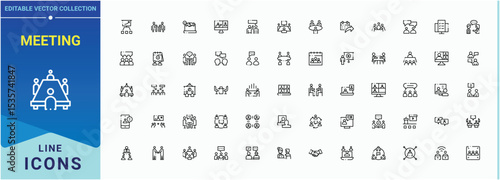 Meeting icon set. Interview icon set. Thin icons set. Pictograms of communication, discussion, talk, training, team, planning, conference and more. Editable stroke. Vector collection.
