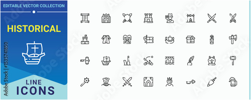 Historical icon set. Pack of war, ancient, history, old, antique, vintage and more. Medieval icon collection. Minimalist icons collection. Vector illustration. Pixel perfect.