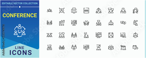 Conference line icon set. Pictograms of talk, communication, training, business, agenda, team and more. Meeting line icon set. Minimal linear icons. Pixel perfect. Editable vector.