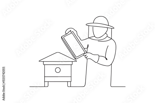 Beekeeper Inspecting Hive continuous one line drawing minimalism design