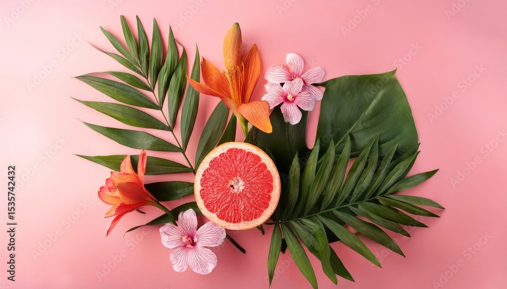 Obraz premium Colorful Grapefruit, Exotic Blooms, and Green Foliage on Pink Background