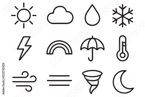 Weather Icons Collection for forecast, climate, and natural phenomena, featuring sun, cloud, raindrop, snowflake, lightning, and more, icon set