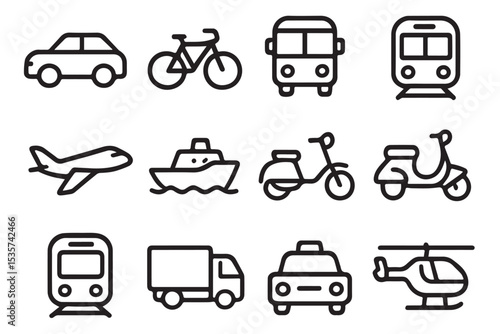 Transportation icons including car, bicycle, bus, train, airplane, boat, taxi, and more, perfect for travel and navigation, icon set