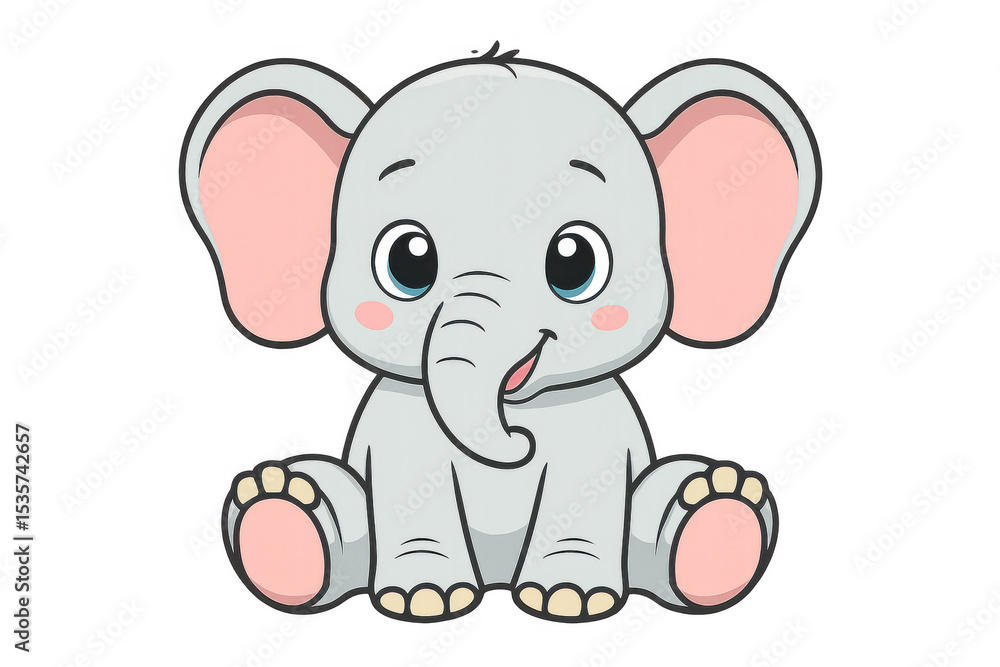 Naklejka premium Baby elephant cartoon smiling happily, sitting playfully with wide grin, ideal for kid-friendly graphics on transparent backdrop