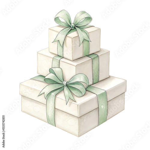 Stack of watercolor gift boxes with sage ribbons isolated on transparent background