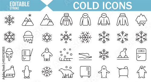 Vector icons for winter, ice, snow, and polar animals in editable style.

