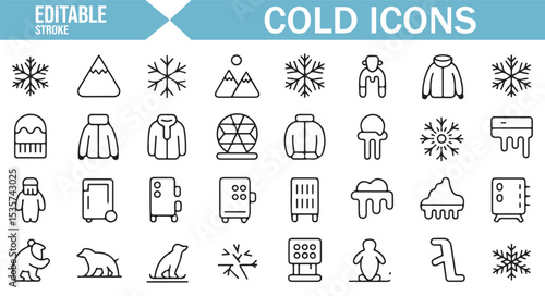 Winter-themed editable icons featuring snowflakes, mountains, and arctic animals.