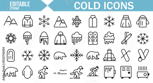 Editable vector icons for cold weather, snow, ice, and polar animals.