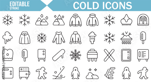 Editable vector icons for cold, snow, and ice elements with polar animals and winter gear.