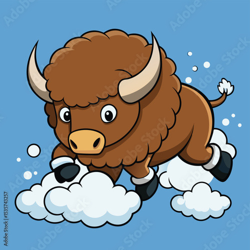 Bison kicks dust white cloud action powerful mammal grassland animal