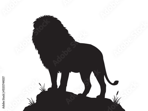 Lion standing on rock silhouette. Silhouette of majestic lion standing strong on hilltop symbolizing power