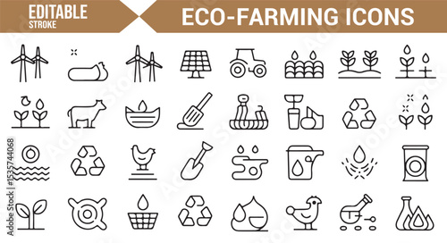 Vector icons set for sustainable farming, agricultural technology, and clean energy.