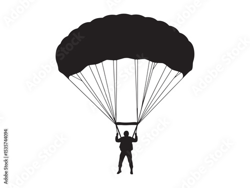 Parachuting person landing safely silhouette. Skydiver descending with parachute in midair captured as dynamic black silhouette figure