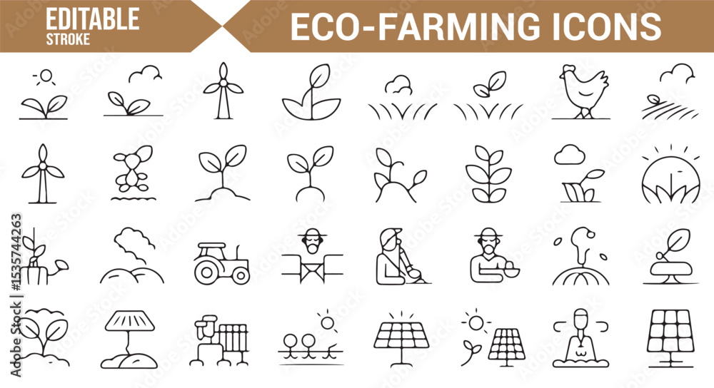 Fototapeta premium Icons for eco-farming, agriculture, and sustainability with renewable energy elements.