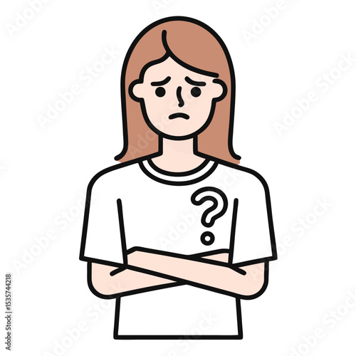 Confused young woman with arms crossed and question mark on her white shirt