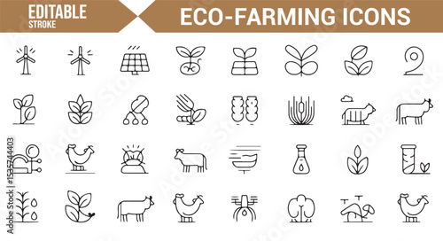 Set of vector icons for eco-friendly farming, tractors, and agricultural technology.