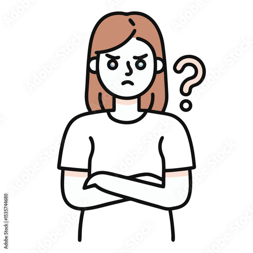 The doubtful woman with arms folded contemplates and a question mark appears beside her head