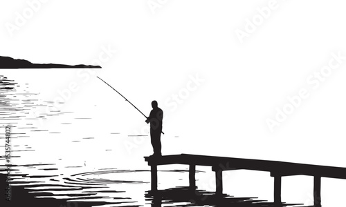 Person fishing on dock silhouette. Silhouette of man fishing alone from a wooden dock on calm lake