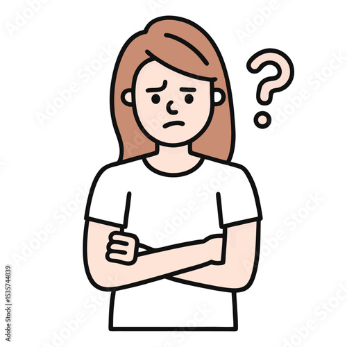 A lightskinned woman with folded arms appears unsure as a question mark floats nearby