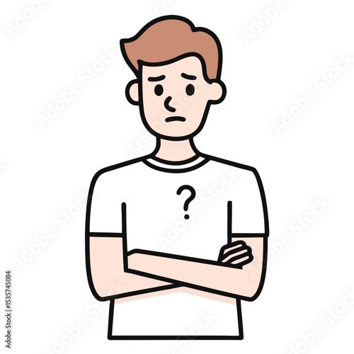 Cartoon man wonders with arms crossed and a question mark on his shirt