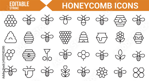 Editable vector set of bee and honeycomb icons for agriculture, nature, and farming.