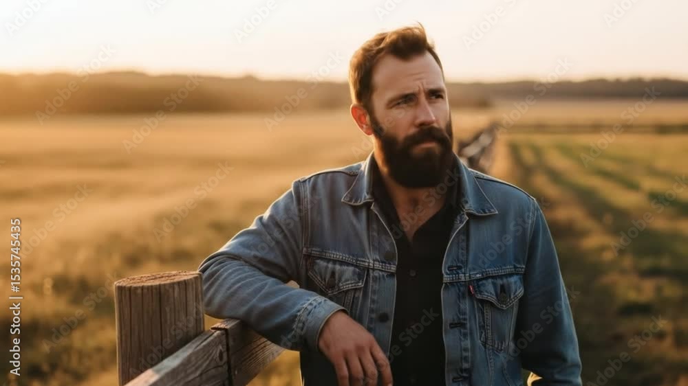 Bearded man in denim jacket on farm fence at golden hour light Bearded man in denim jacket on farm fence at golden hour light