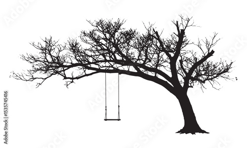 Tree with empty swing silhouette. Large tree silhouette with bare branches and a hanging wooden swing on side