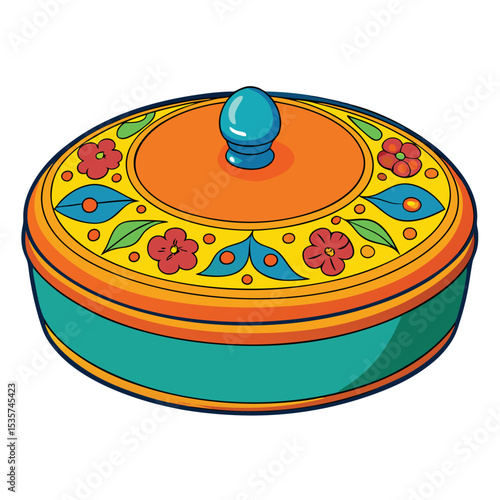 A single, handcrafted Meenakari enamelware item, a small trinket box, showcasing vibrant colors and intricate designs, a traditional Indian craft.