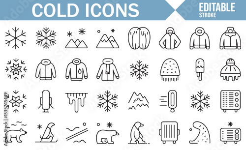 Editable vector icons for cold weather, snowflakes, winter clothing, and icy landscapes.