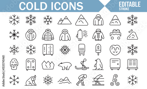 Set of winter-themed icons featuring snowflakes, mountains, and winter gear in editable format.
