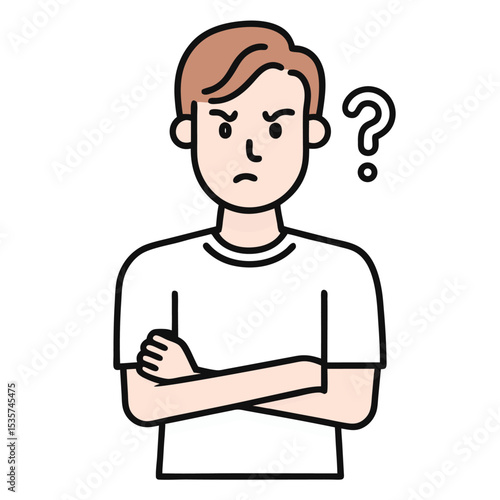 Fairskinned man with folded arms appears skeptical alongside a question mark symbol