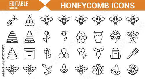 Vector icons for bees, honeycomb, and pollen collection in editable design style.