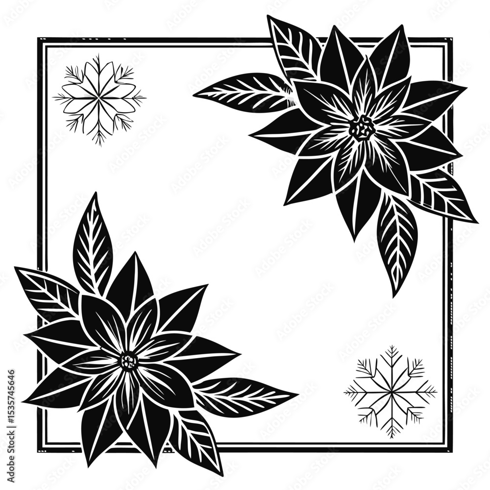 Obraz premium Elegant black and white floral christmas border with poinsettias and snowflakes design