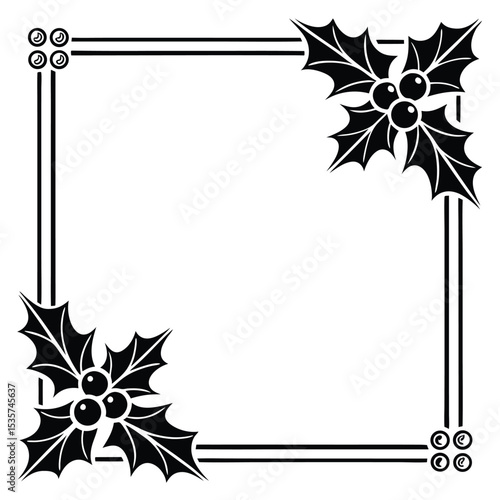 Elegant black and white holly christmas frame border with berries and ornate decorations