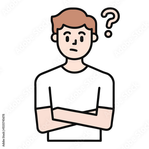 Young man with arms crossed looks thoughtful under a floating question mark above him