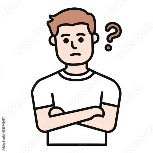 A young man stands with arms crossed and a question mark hovers near him