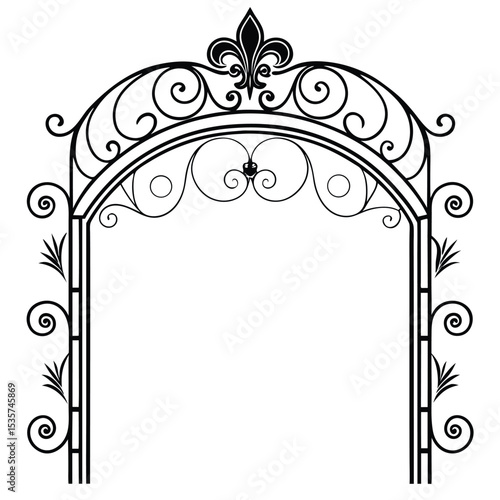 Elegant black wrought iron archway with fleur-de-lis ornamentation on a white background